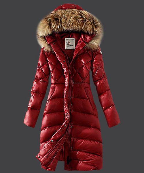 moncler down coat kvinner hooded vindtett red Urbane Klær nu9la