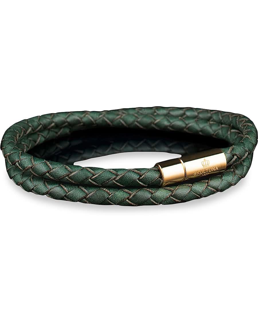 skultuna two row leather bracelet dark green gold br3t3